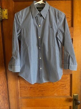 Lauren Ralph Lauren Navy and White Vertical-Stripe 3/4 Length Sleeve Dress Shirt